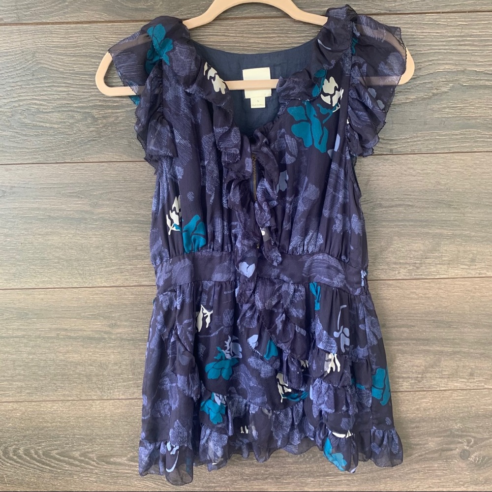 LINE & DOT | Anthro Purple Floral Silk Ruffle Top